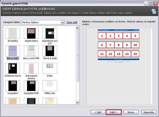 Výběr HTML šablony pro publikování