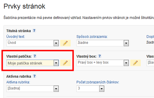 Nastavení vlastní patičky stránek v sekci NASTAVENÍ -> PRVKY STRÁNEK