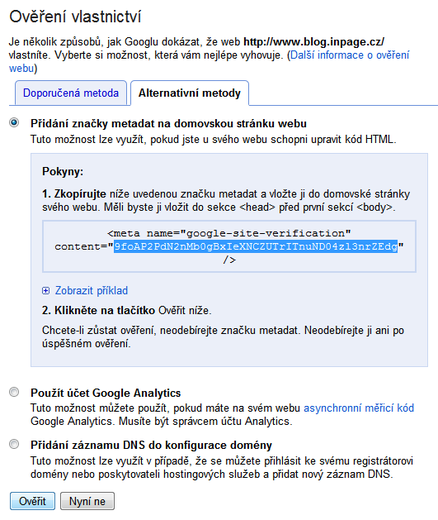Ověření vlastnictví domény přes google webmaster tools