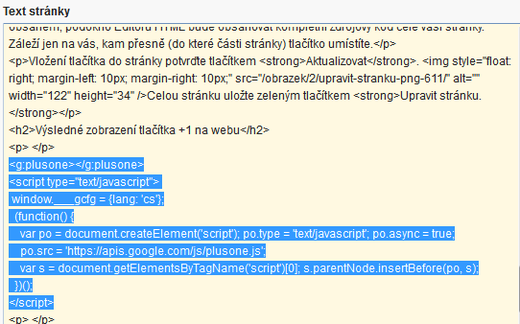 Vložení zdrojového kódu tlačítka +1 do HTML kódu stránky